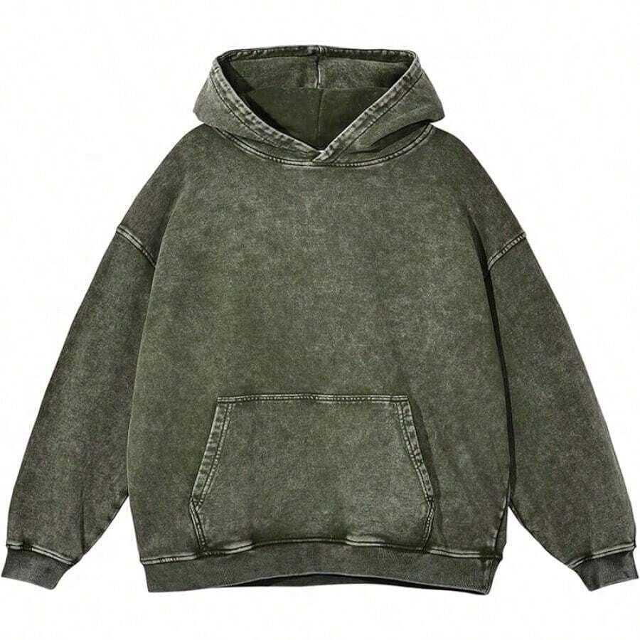 Men's Washed Distressed Pocket Hoodie Vintage Oversized Hoodie Acid Wash Cotton Pullover Hoodies For Streetwear Sweatshirts - Street Fashion - 軍綠色 - 查看 1