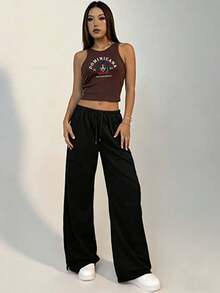 两件套女士多米尼加共和国印花露脐背心+黑色阔腿裤套装，休闲街头风慵懒装扮 - 駝色 - 查看 4