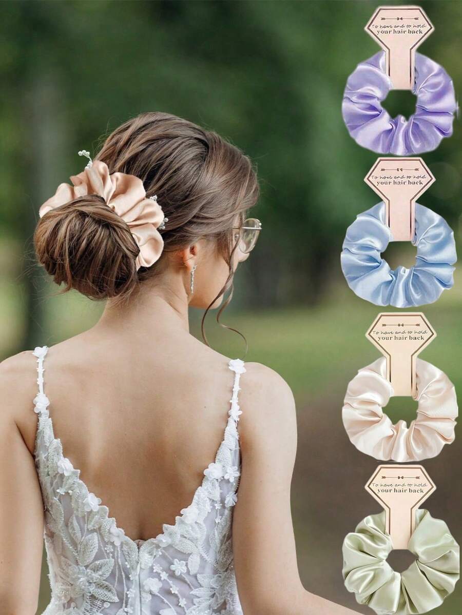 2Pcs Satin Bridesmaid Hair Ties, Soft Ponytail Holders, Bridal Shower Wedding Party Favors, Wedding Guest Gift Hair Accessories - Multicolor - View 1