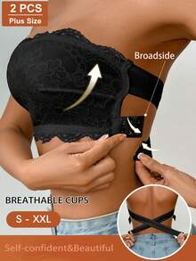 2pcs Strapless Invisible Design Women Lace Patchwork Bras, Jacquard Pattern, Suitable For Wedding, Beach, Casual, Comfortable, Wireless, Thin, Sports - Multicolor - View 5
