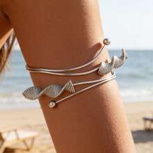 1pc Silver Wavy Shell Armband, Bohemian Gold Summer Beach Style Adjustable Stainless Steel Arm Cuff For Women - Silver - View 1