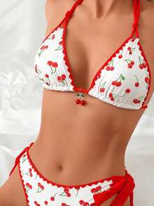 一套女士比基尼两件式泳衣，撞色花卉饰边樱桃印花挂脖系带时尚沙滩度假装 白色 - 白色 - 查看 5