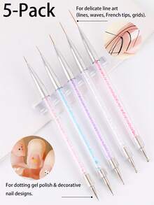 5 Packs Dual-Ended Nail Art Brushes, Crystal Handle Nail Liner & Dotting Pens For Fine Lines, French Tips, Dotting & Decorative Nail Designs - Ideal For Salon & DIY Manicure - Multicolor - View 1