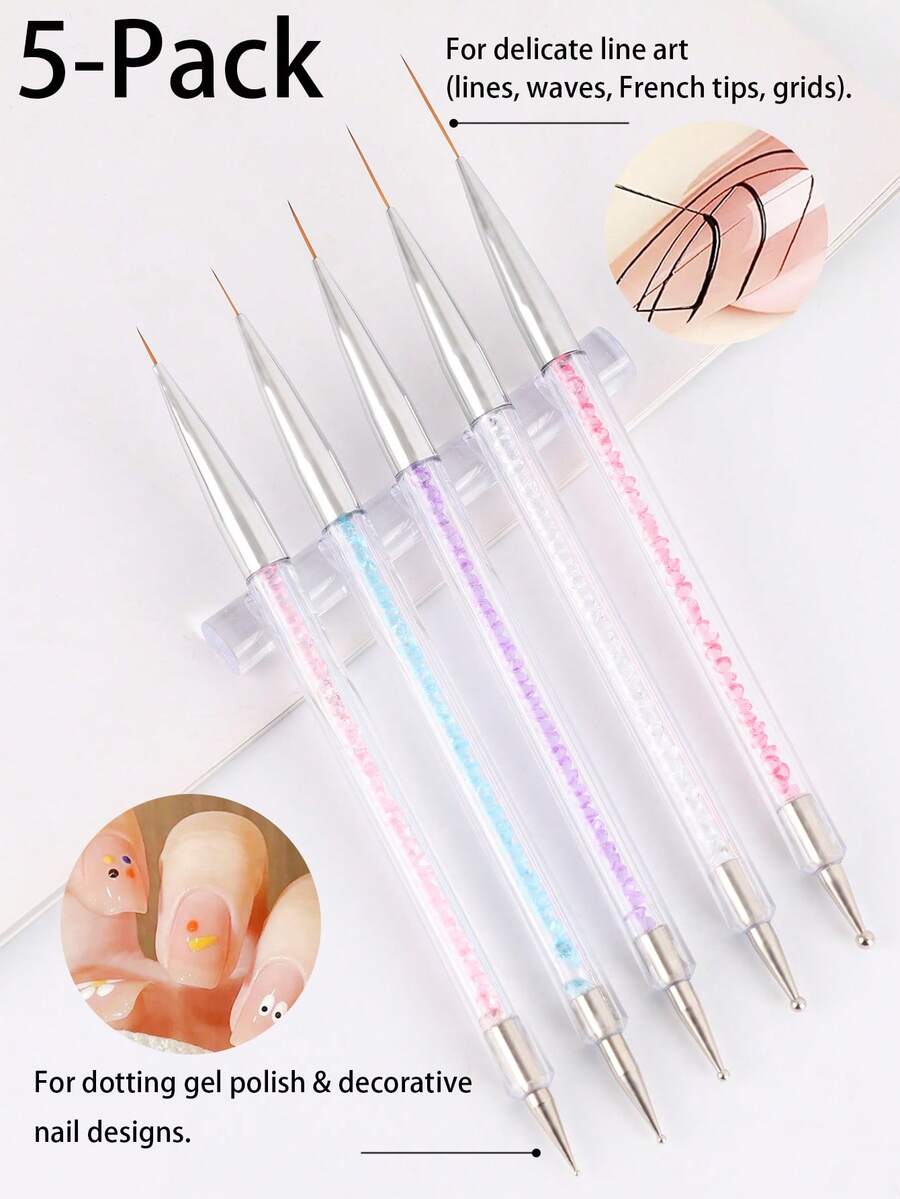 5 Packs Dual-Ended Nail Art Brushes, Crystal Handle Nail Liner & Dotting Pens For Fine Lines, French Tips, Dotting & Decorative Nail Designs - Ideal For Salon & DIY Manicure - Multicolor - View 1