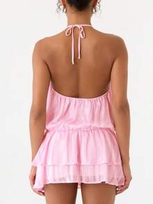 Women Summer Ruched Halter Mini Dress Ruffle Bubble Drop Waist Backless Tie Neck Open Back Mini A Line Swing Dress Y2k Cocktail Clubwear - 粉色 - 查看 6