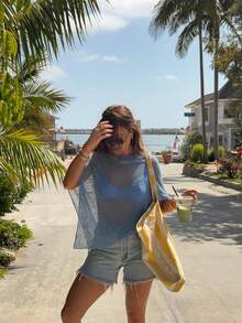 春夏新款女士时尚休闲轻薄针织蓝色罩衫，不对称下摆设计，套头无袖上衣，波西米亚风格，适合海滩度假、海滩派对、户外旅行、假日约会 - 藏蓝色 - 查看 7