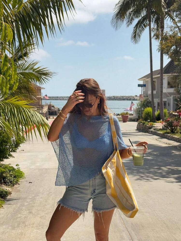 Spring/Summer New Women's Fashion Casual Lightweight Knit Blue Cover Up, Asymmetric Hem Design, Pullover Sleeveless Top, Bohemian Style, Suitable For Beach Vacation, Beach Party, Outdoor Travel, Holiday Date - Navy Blue - View 7