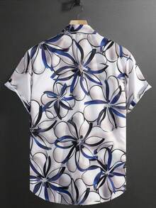 Blue Abstract Floral Pattern Symbolizes Freedom And Vitality Spreading Across The Shirt Design 3D Printed Casual Short Sleeve Button Up Shirt For Men Summer Beachwear - 白色 - 查看 2