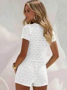 女士夏季度假套装，钩针网纱性感镂空沙滩短袖针织罩衫+短裤两件套 - 女士度假两件套，钩针罩衫夜店装，女士性感修身款白色 - 白色 - 查看 8