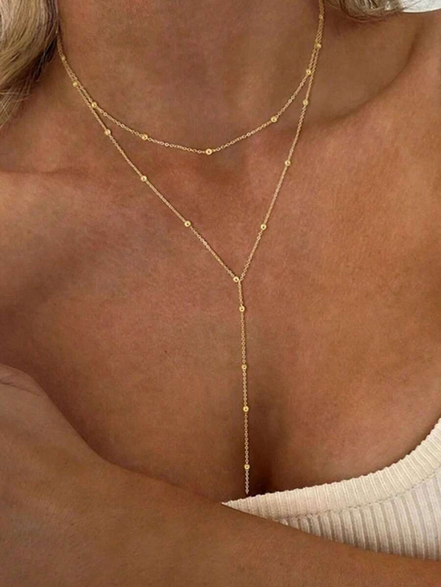 1件不锈钢双层项链，长款吊坠项链，Y形链搭配圆形珠子吊坠，双链项链，适合女士日常佩戴 - Y型項鍊 - 查看 1