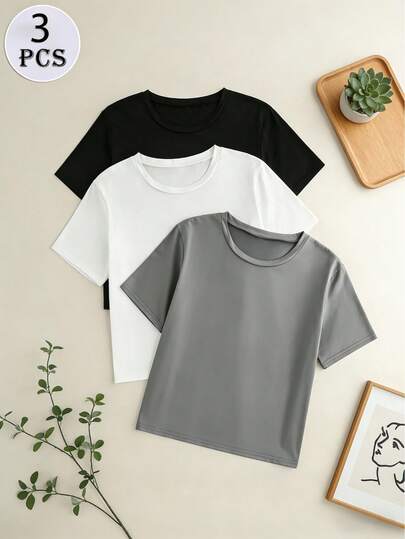 Bộ đồ ngủ 3 món dành cho nữ: Áo tay ngắn cổ tròn và quần short thoải mái - Dễ giặt, có dây rút, chất liệu vải dệt kim, thích hợp cho các hoạt động thể thao ngoài trời mùa xuân/hè và những ngày thường nhật.
