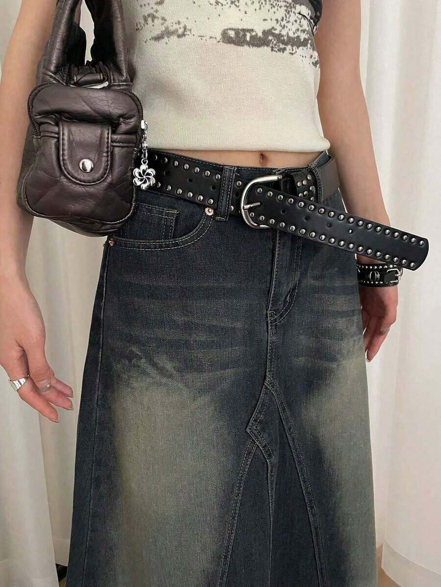 Women's Black Faux Leather Punk Style Belt With Double Rivet Decoration, Multi-Functional Belt - Black - View 1