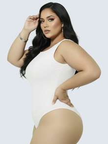 Plus Size Bodysuit Square Neck Tank Top Foreign Fashion - trắng - Xem 6