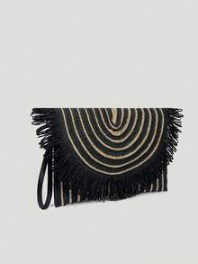 BAILEE 这款时尚休闲的波西米亚风黑色纸编手提包，采用独特的黑金撞色设计，配有可拆卸肩带。包包可容纳手机、钱包及其他物品。这款带有流苏装饰的包包，是海滨度假的理想之选，可手提、单肩背或手提。非常适合户外度假、海滩之旅、观光、购物和日常通勤。也是馈赠亲朋好友的绝佳礼物。 - 彩色 - 查看 5