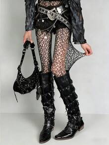 1双蕾丝镂空长筒袜，轻薄夏季白色/黑色不对称渔网袜，性感连裤袜，复古朋克Y2K风格，女士款 - 彩色 - 查看 2