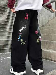 新款春秋季黑色卡通涂鸦中童牛仔裤宽松青少年男孩牛仔阔腿老爹裤 - 黑色 - 查看 6