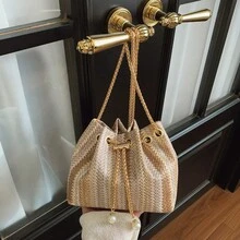 Woven Texture Fashion New One Shoulder Diagonal Handbag, Tote Bag For Work Commute, Drawstring Bucket Bag With Simple Stylish Metal Chain Shoulder Strap - Multicolor - View 8