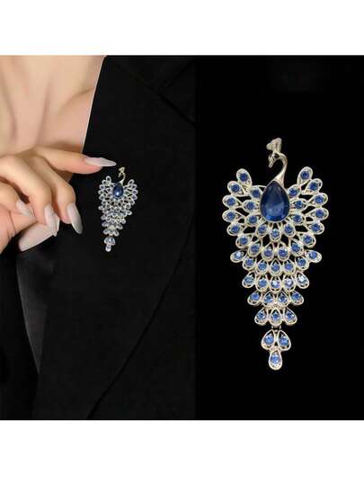 1枚女士蓝色水钻孔雀胸针，高端服饰配饰凤凰复古时尚胸针，用途广泛，适合日常穿着，可作服装配饰、衣夹、包包挂饰、学校办公配饰、衬衫、外套饰品、圣诞节万圣节服装别针，趣味可爱，教师礼物。