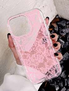 1个浪漫蕾丝图案透明软壳手机壳，带气垫，适用于 11/12/13/14/15/16 Pro Max，国际版，非国内版 - 彩色 - 查看 3