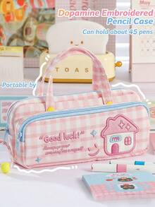 Bolsa de papelería portátil con doble capa y gran capacidad, estilo lindo a cuadros para almacenamiento de útiles escolares/de oficina - bordado a cuadros - Ver 6