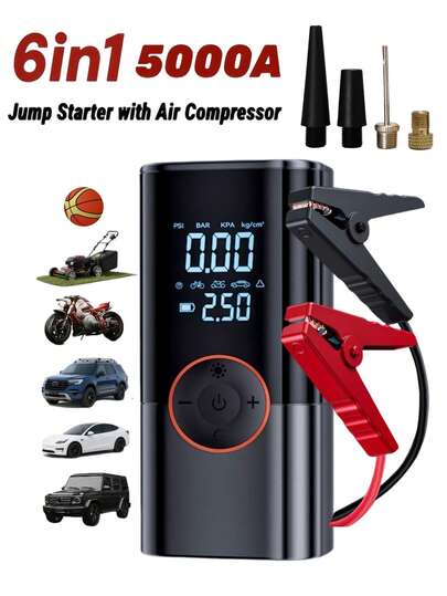 5000A 便携式汽车应急启动器，带空气压缩机 – 12V 电池增压器，LED 指示灯，USB 快速充电输出，多重安全保护，包含启动线、气泵和汽车适配器。