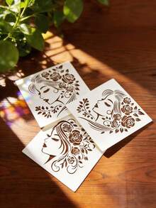 4pcs Flower Girl Hollow Painting Template DIY For Fabric, Glass, Paper, Wood Creative Spray Painting Printing Tool, Reusable Plastic Material - Flower-wearing Girl - View 5