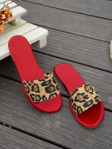 女士时尚豹纹平底凉鞋，百搭漆皮红色沙滩凉鞋，宽楦凉鞋 - 豹紋 - 查看 5