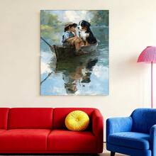 Con marco Cuadro 2D plano, 2D plano, 1 pieza de arte vintage con un niño y un Bernese Mountain Dog en un barco, enmarcado y listo para colgar. Esta pintura en lienzo sirve como decoración para guarderías, salas de estar u oficinas - Enmarcado - Ver 2