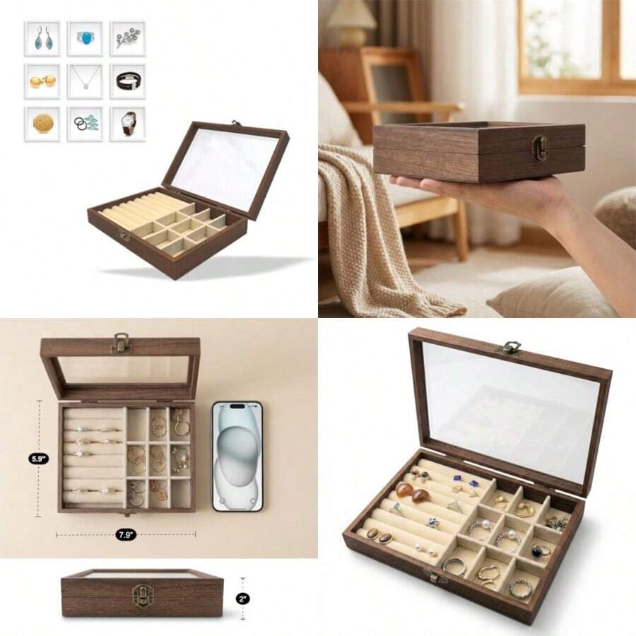 Small Wooden Ring And Earring Organizer Box Case Display Case With HD Glass Lid Velvet Lining Organizer For Women Rings Earrings Bracelets Brooches Compact Size Jewelry Box For Traveling - 紫丁香色 - 查看 1