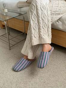 XIXITIAO Minimalist Japanese Style Striped Closed-Toe Slippers | Comfortable Versatile Casual Indoor Slippers | Lightweight Thin-Sole Easy-On Easy-Off Floor Slippers - Green and Purple - View 6