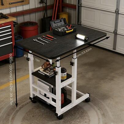 Mesa plegable ajustable en altura con ruedas y estante de almacenamiento, escritorio de pie, estación de trabajo para manualidades, estantería integrada, escritorio de computadora móvil con ruedas universales, para oficina en casa, sofá, espacios pequeños