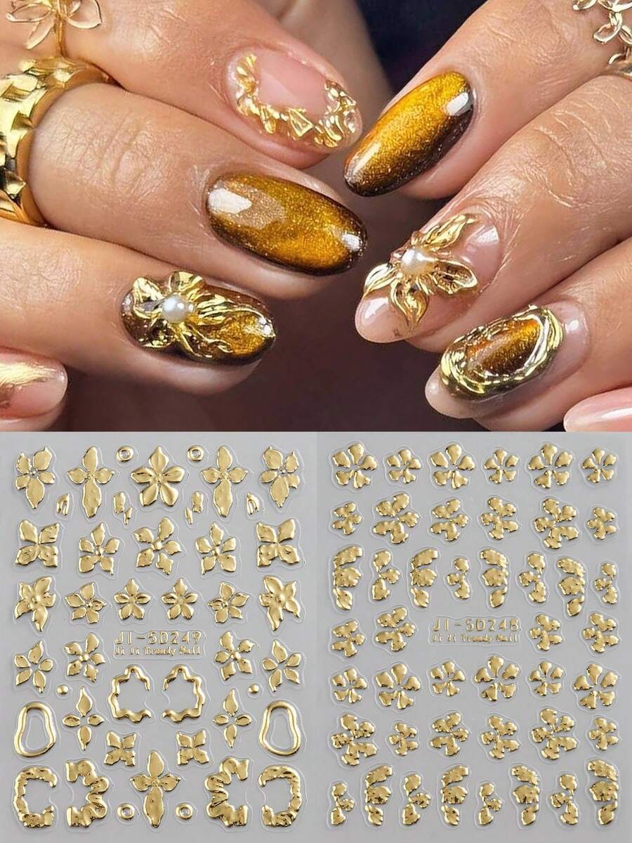 金/银花朵美甲贴纸 5D 金属花叶美甲贴花 金色樱花花瓣美甲设计 婚礼美甲用品 女士女孩 DIY 春季美甲装饰 美甲饰品 - 彩色 - 查看 1