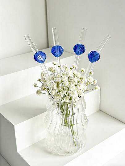 2/5 Peças Conjunto de Canudos de Vidro com Concha Azul Fofa, Conjunto de Talheres de Canudos de Vidro Grosso Reutilizáveis e Dobráveis, Adequado para Acessórios de Cozinha, Decoração de Canudos, Bebidas Frias, Chá com Leite, Café, Suco, Smoothie, Casa, Restaurante, Festa de Galinha, Casamento, Festa de Coquetel, Volta às Aulas, Presentes para Namorada/Namorado, Pais, Amigos, Verão, Páscoa