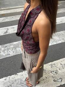 Women's Printed Spaghetti Strap Cropped Top, Backless Sleeveless Fitted Y2K Style Vest, Suitable For Summer Parties And Club Activities Casual - Redwood - View 5