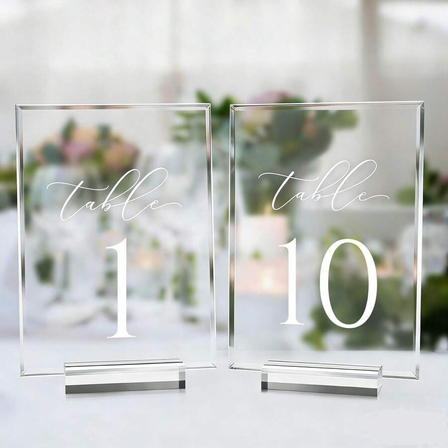 Bảng số bàn cưới bằng acrylic trong suốt 5x7 inch kèm chân đế, in chữ thư pháp màu trắng, bảng số bàn acrylic dùng cho tiệc cưới và lễ tân. - Xem 1