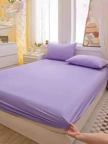 1 Juego de sábana ajustable de tela suave cepillada (1*Sábana ajustable + 2*Fundas de almohada), adecuado para dormitorio y habitación de invitados, para todas las estaciones, lavable a máquina, color: Verde musgo/Azul/Café oscuro - Púrpura malva - Ver 4