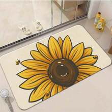1/2/3pcs-Large Sunflower With Bright Yellow Petals Dark Brown Center Cartoon Bees Bold Line Art Graphic Print Beige Background Decorative Floor Mat-Flannel Material, Soft, Comfortable And Easy To Clean, Suitable For Bathroom, Bedroom, Kitchen, Porch, Laundry Room, Daily Decor, Three Sizes Available - 黑色 - 查看 5