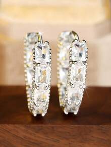 1 Pair Of Elegant Baguette Cut Cubic Zirconia Hoop Earrings Silver-Tone Huggie Style Sparkling Statement Jewelry Gift For Women - Silver - View 3