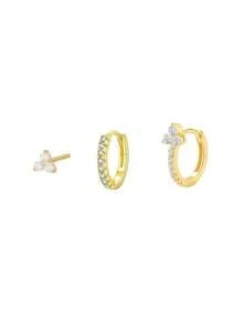 3 Pcs Exquisite Star Hoop Earrings Set For Women Gold Plated Cubic Zirconia Stud Earrings Set Wedding Party Jewelry Accessories - 3 Pcs/Set - View 5