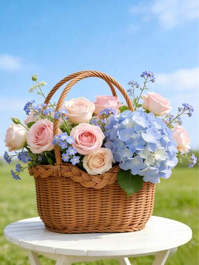 1个编织花篮，手提花篮，手工天然柳条花篮，家居花篮。配人造花，是婚礼或节日装饰的理想之选。母亲节礼物