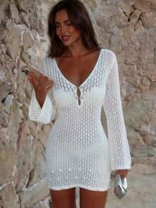 Vestido de verano nuevo con cuello en V SEREN, vestido casual y sexy para vacaciones con espalda descubierta, manga larga ajustada, calado, para vacaciones, festivales de música, vestido de playa, vestido bohemio blanco, vestido blanco mini - Blanco - Ver 6