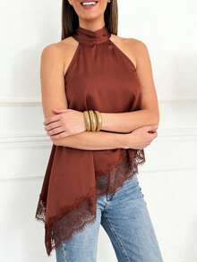 Women's Sleeveless High Collar Lace Trim Asymmetric Satin Camisole Top, Elegant For Evening Party, Spring/Summer Vacation, Special Occasions - Rust Brown - View 4