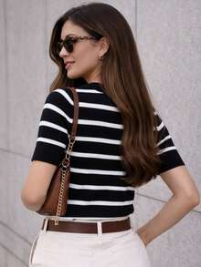 Women's Striped Modal Knit Blouse With Short Sleeves - 2026  - Versatile, Modern, Premium - Black Striped - View 3