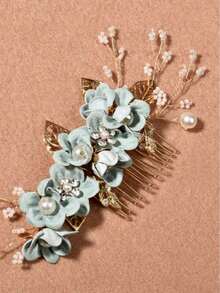 1pc Women's Handmade Golden Thread Light Green Flower & Pearl Hair Comb Accessory,Summer,Beach,Wedding - Green - View 2