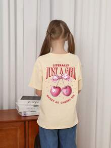 Tween Girl Creative Bow & Cherry Print T-Shirt, Soft & Comfortable Fabric, Suitable For Girls' Outdoor Sports, Daily Wear, Street & Campus Style, Fashionable Spring/Summer Casual Versatile Top - Apricot - View 3