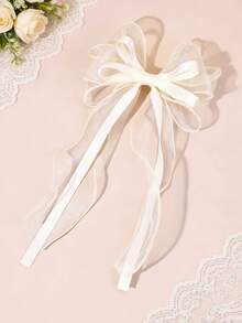 1个米色蓬松蝴蝶结发夹，优雅丝带鳄鱼夹发饰，芭蕾舞风格婚礼发夹，春夏送给女孩的甜美礼物 - 米色 - 查看 2