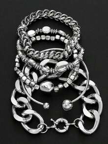 5pcs Vintage Exaggerated Minimalist Old Coin Design Layered Chunky Chain Beaded Bracelet Set, Suitable For Date, Party, Ball, Holiday, Daily Outfit, Party/Festival Gift For Women - 銀 6 - 查看 4