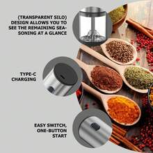 Feizsmile 可充电胡椒盐研磨机，自动胡椒研磨器，香料研磨机，USB 充电，可调节粗细度，单手操作，陶瓷研磨，可再填充，不锈钢外壳，适用于黑胡椒、白胡椒、海盐、辣椒、芝麻、孜然等香料 - 彩色 - 查看 5
