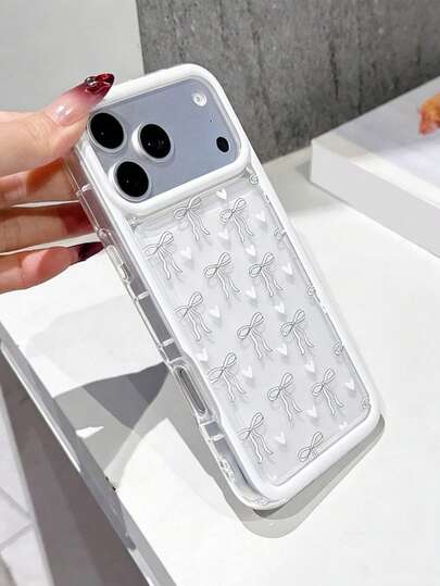 可爱时尚撞色气囊防摔手机壳，白色蝴蝶结爱心图案印花透明软TPU材质，防震防刮，适合日常使用，兼容 17 Pro Max/17 Pro/17/16/16 Plus/16 Pro/16 Pro Max/15/15 Pro/15 Pro Max/15 Plus/13/13 Pro/13 Pro Max/12/12 Pro/12 Pro Max