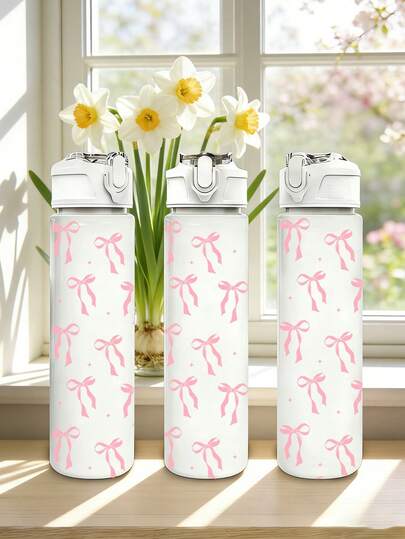 Bình nước thể thao bằng nhựa in hình nơ hồng 800ml/27oz, chống rò rỉ, thích hợp cho nữ, phòng tập thể dục, cắm trại, tiệc sinh nhật, nắp bật, nhẹ và bền, dung tích lớn, có thể tái sử dụng, lý tưởng cho văn phòng, phòng tập thể dục, hoạt động ngoài trời, yoga, chạy bộ, du lịch - Bình đựng đồ uống bằng nhựa chắc chắn, nhẹ, vật dụng cần thiết cho người đam mê thể dục, với thiết kế đẹp mắt.